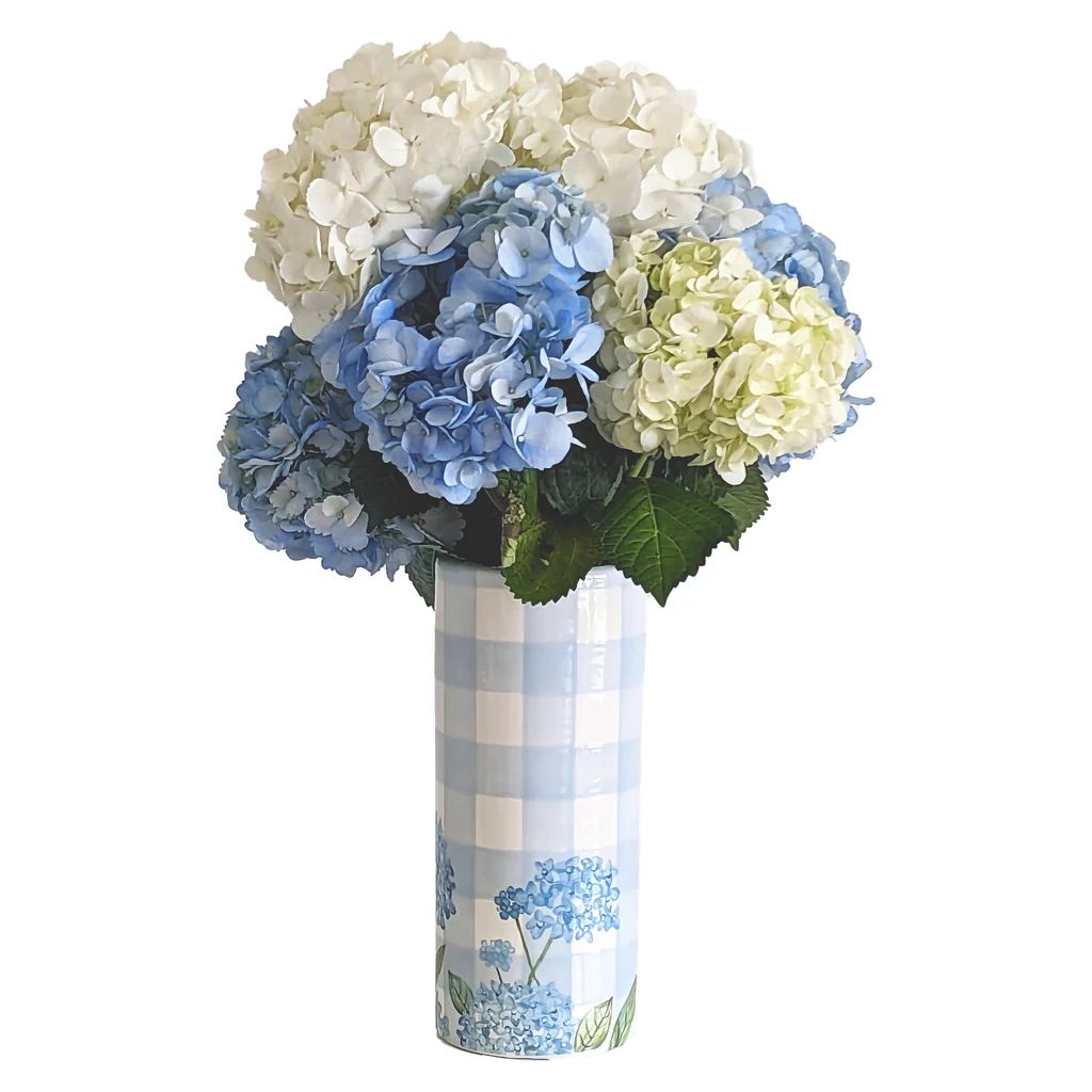 Lo Home x Chapple Chandler Gingham Column Vase with Hydrangea Accents | Lo Home by Lauren Haskell Designs