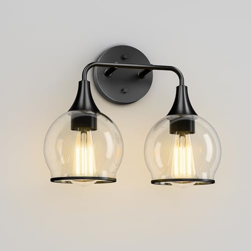Lightania Bathroom Light Fixtures, 2-Light Vanity Lights with Clear Globe Glass Shade, Modern Black Bathroom Vanity Light, Bathroom Lighting Fixtures Over Mirror, ETL Listed | Amazon (US)