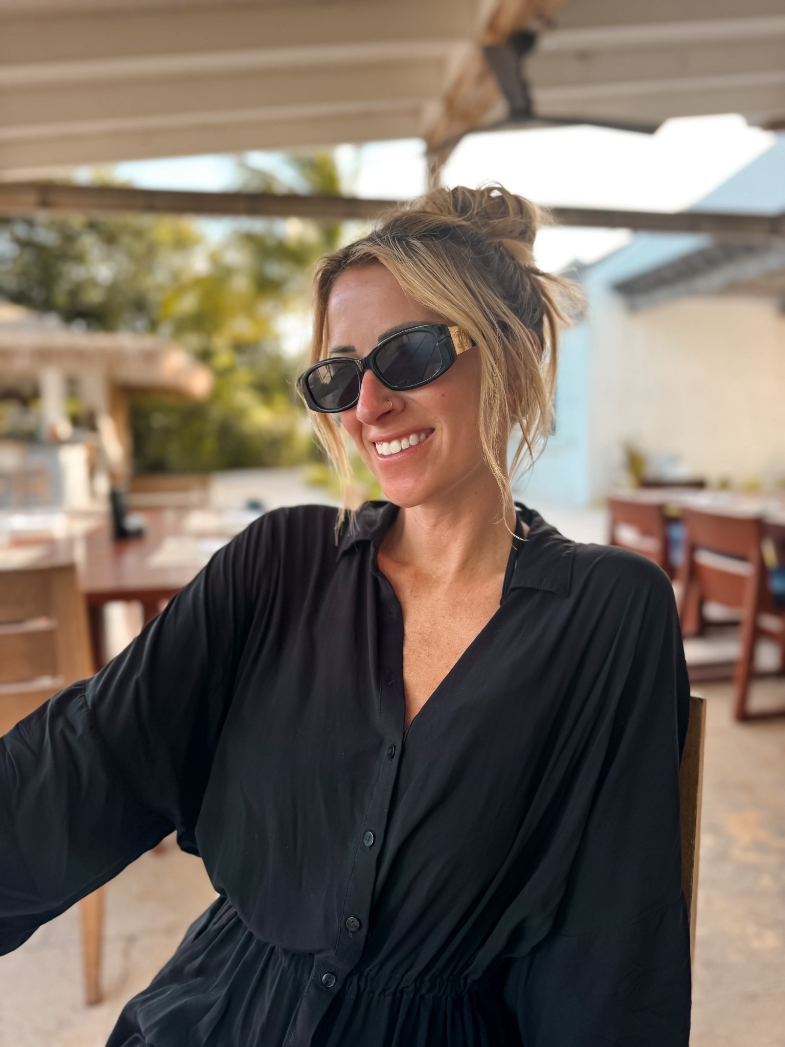 Beach vacation outfits for breakfast and brunch, old money style in a vintage Chanel sunglasses
L*space Pacifica, black shirt dress cover-up is so