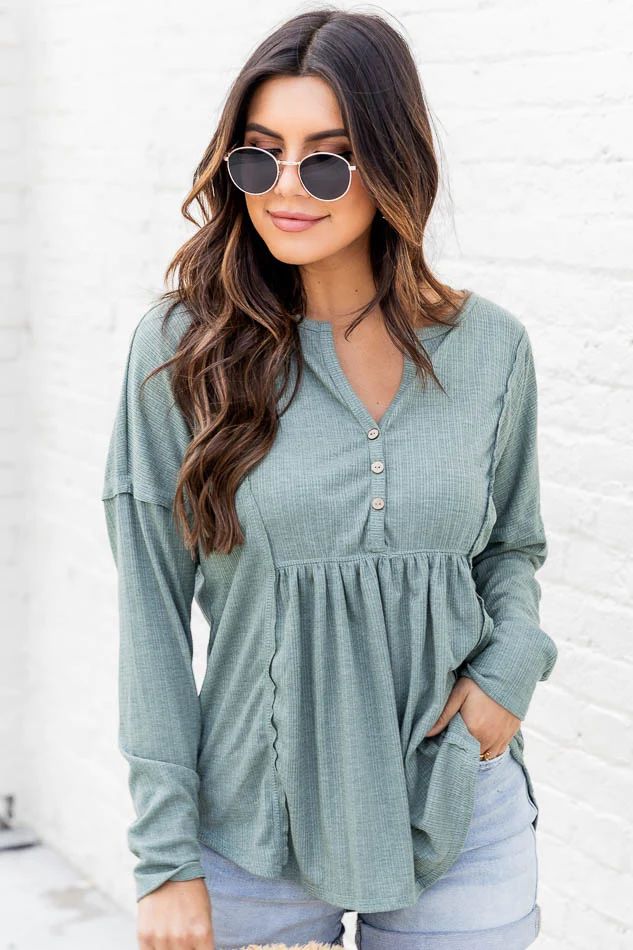 Here To Stay Pointelle Knit Sage Blouse | Pink Lily