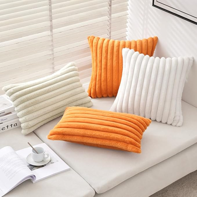MIULEE Orange Throw Pillow Covers 18x18 Inch Set of 2 Fuzzy Striped Soft Pillowcase with Velvet B... | Amazon (US)