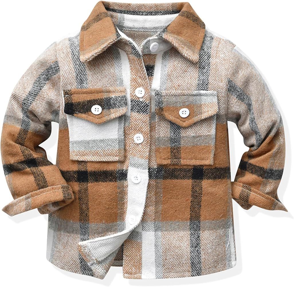 Toddler Boys' Girls' Flannel Plaid Shirt Button Down Long Sleeve Jacket Lapel Shacket Coat Tops C... | Amazon (US)