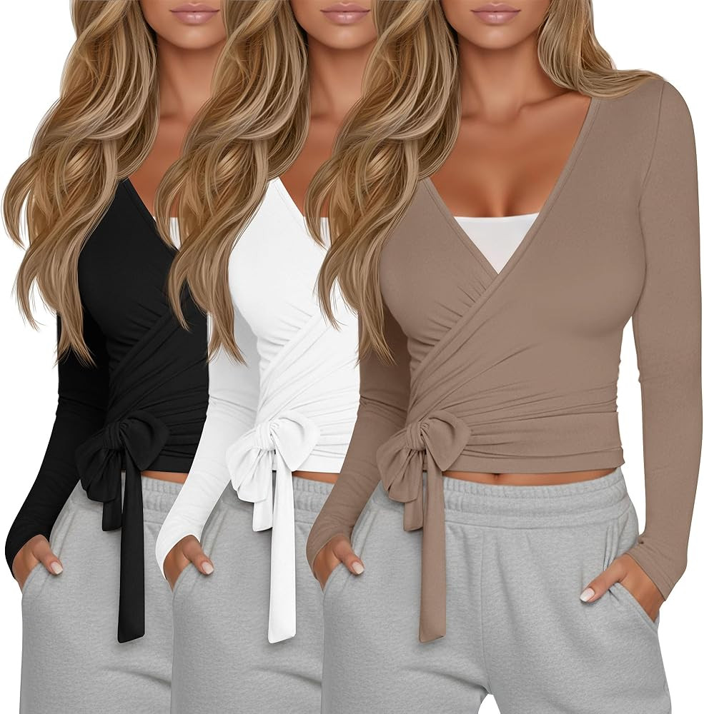 3 Pack Women's Tie Wrap Tops, Long Sleeve Workout Ballet Yoga Pilates Shirts Deep V Neck Tie Fron... | Amazon (US)