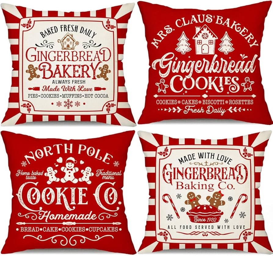 DFXSZ Christmas Pillow Covers 18x18 Inch Set of 4 Gingerbread Bakery Decorative Throw Red Stripe ... | Amazon (US)