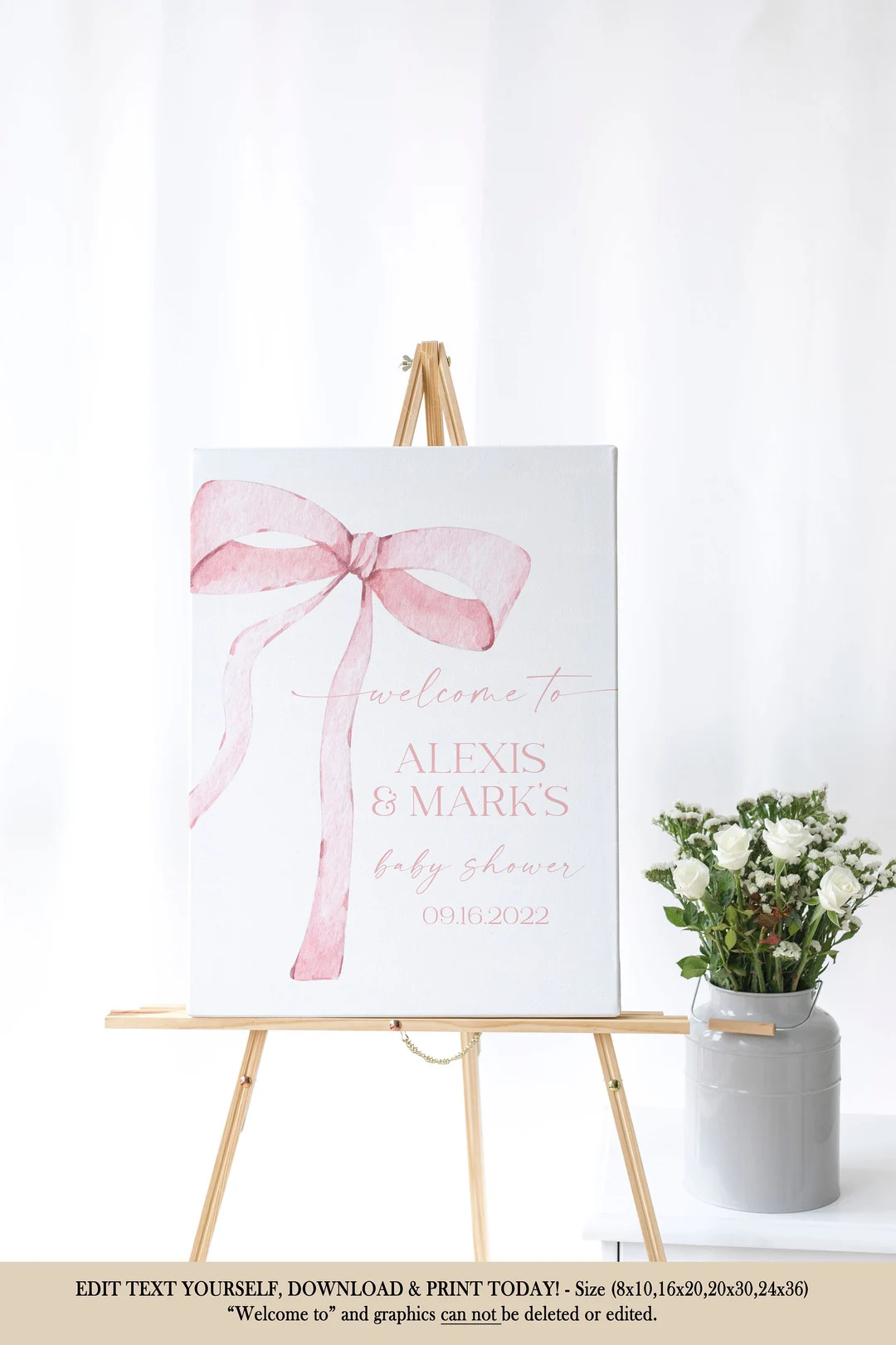 EDITABLE Pink Bow Welcome Sign for Baby Shower, Minimalist Baby Shower Pink Watercolor Ribbon Blu... | Etsy (US)