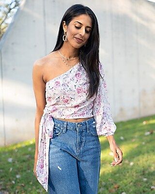 Floral One Shoulder Puff Sleeve Tie Waist Top | Express