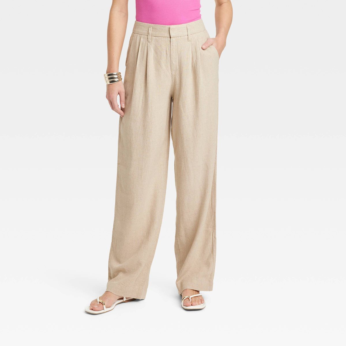 Women's High-Rise Linen Pleated Front Straight Pants - A New Day™ Tan 12 | Target