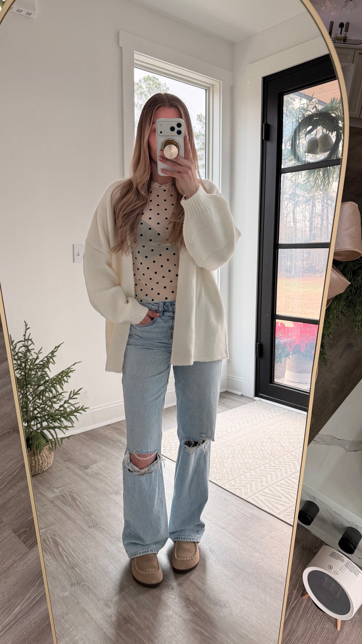 Cute outfit idea with the cutest sheer polka dot top, favorite high waist wide leg jeans and suede clogs. Perfect look for date night, clean girl style with a sprinkle of flirty and edgy vibes yet still a casual outfit. 

Mesh top, sheer tops, winter outfit idea, Christmas party outfit, fall nails, suede shoes, Birkenstock clogs, the look for less, best bra, t-shirt bra, black and white outfit casual holiday outfit 

#LTKFindsUnder50 #LTKootd #LTKdayinmylife