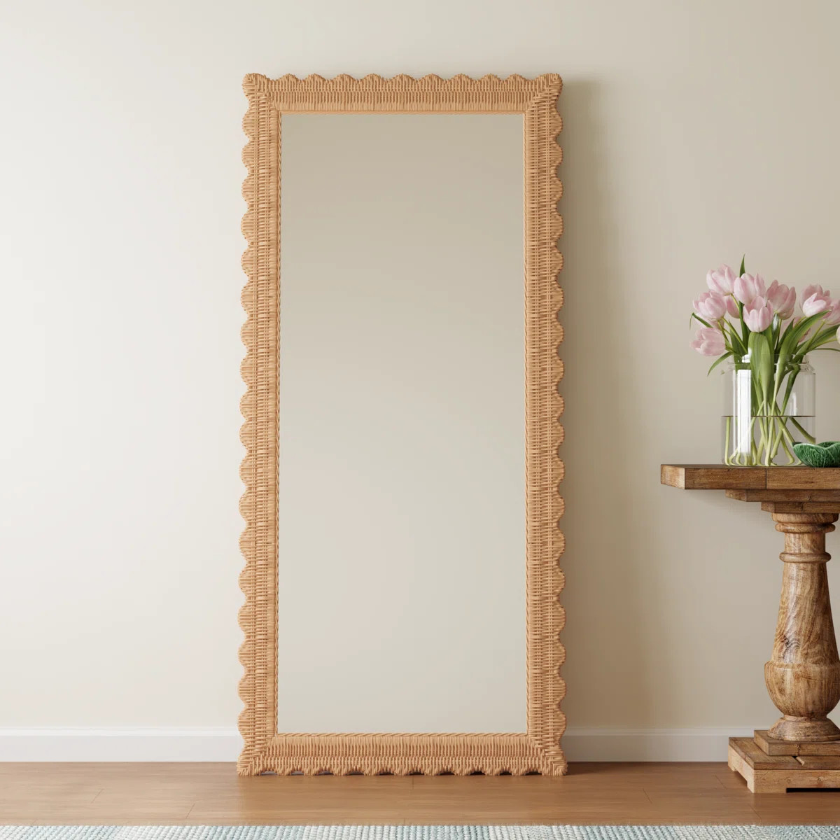 Lacie Scalloped Rattan Floor Mirror, Natural Brown | Wayfair North America