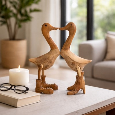 Love Ducks Figurine for Home and Bathroom Decor - Wooden Bamboo Sculptures with Boots for Living Room, Kitchen Counter, and Coffee Table - 18", Brown | Target