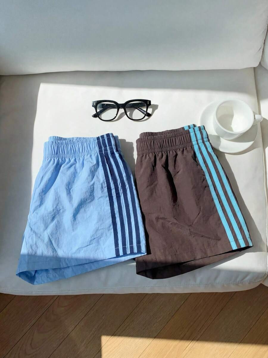 Comfortcana Women's Casual Athleisure Elastic Waist Side Stripe Loose Shorts Gym Light Blue Choco... | SHEIN