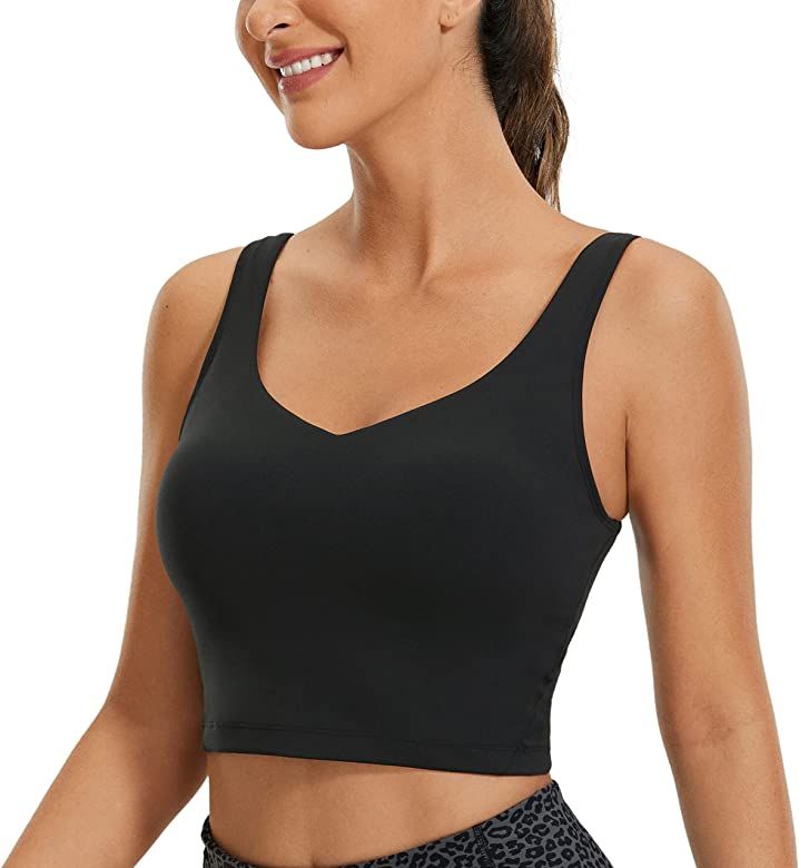 CRZ YOGA Butterluxe Womens V Neck Longline Sports Bra - Padded Workout Crop Tank Top with Built in B | Amazon (US)