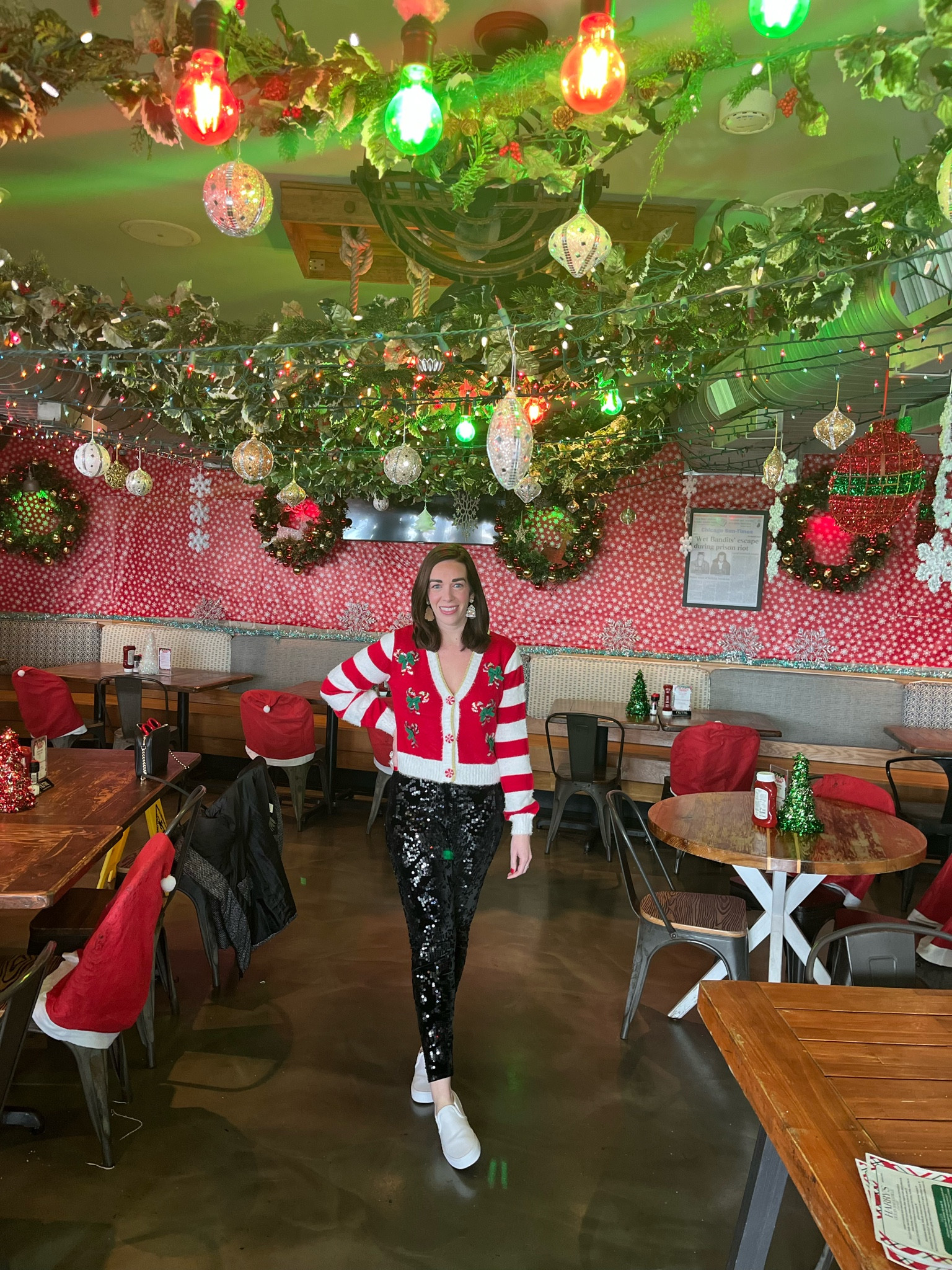 Candy cane striped cardigan (small). Black velvet sequin pants (small). White slip on sneakers (8.5). #cardigan #stripedcardigan #pants #flarepants #sequinpants #blackpants #candycanecardigan #newyearseveoutfit #winteroutfit #whitesneakers #sliponsneakers #sneakers Winter Outfit 
New Years Eve Outfit  

#LTKFindsUnder100 #LTKStyleTip #LTKHoliday