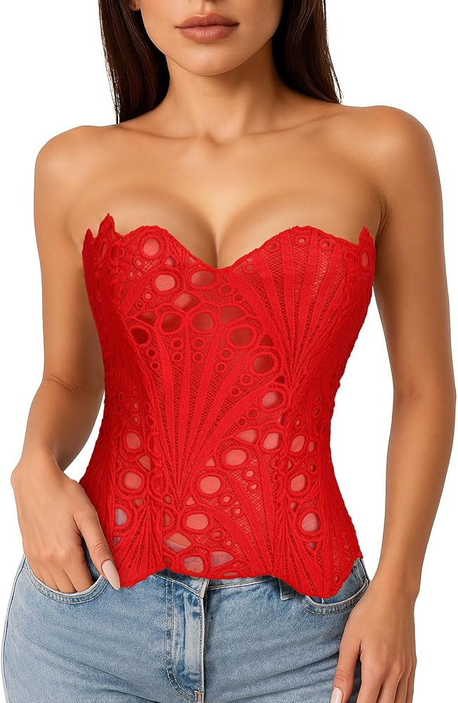 LEACOOLKEY Lacework Corset Top for Women Sexy Textured Sheer Floral Lace Bustier Going Out Lace-u... | Amazon (US)