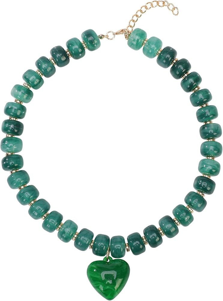Chunky Colorful Beaded Statement Boho Chokers Necklace Heart Pendant Pink Green Yellow Brown Fash... | Amazon (US)