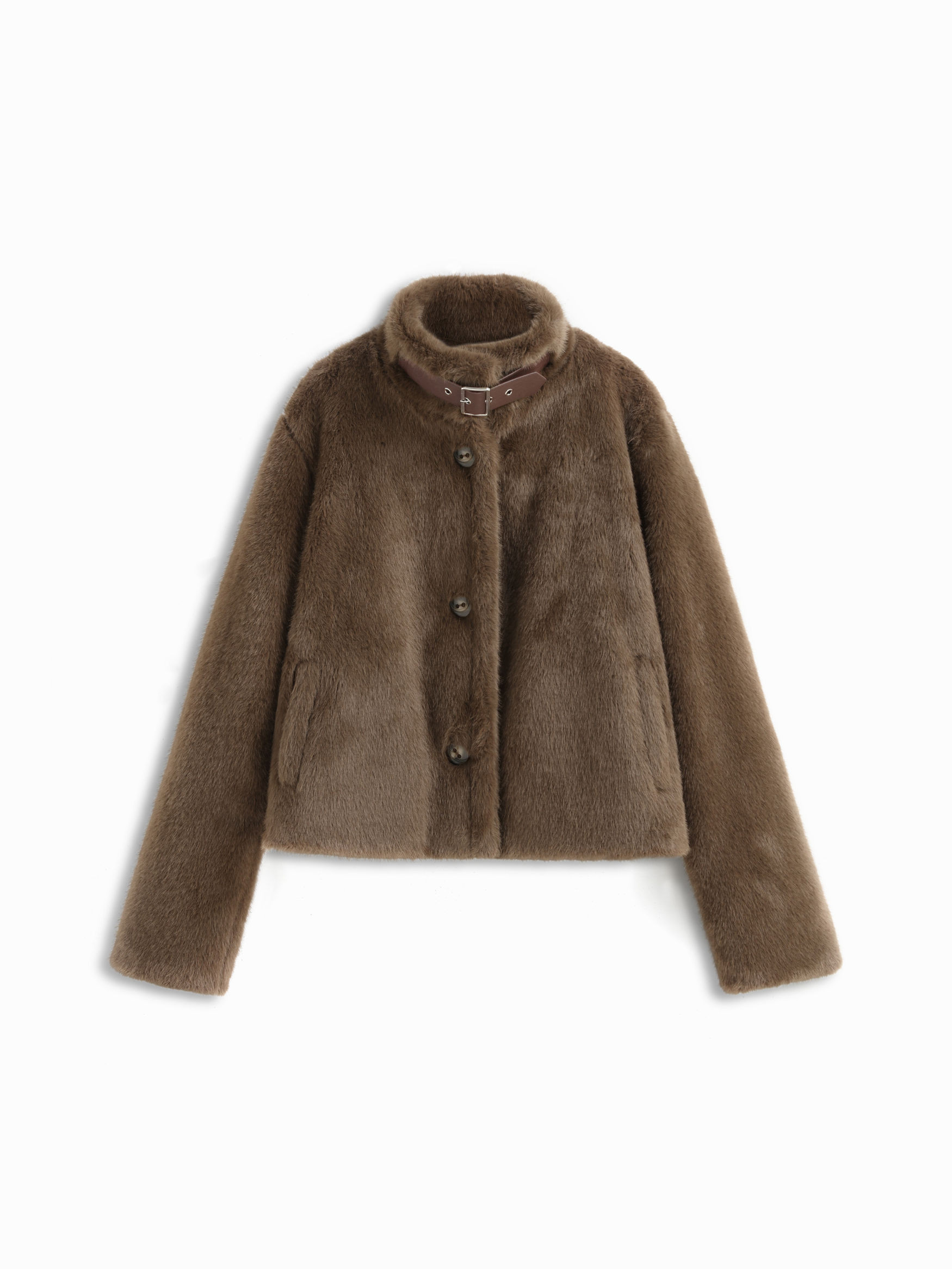 Faux Fur Faux Fur Stand Collar Belted Long Sleeve Oversized Jacket For Daily Casual | Cider