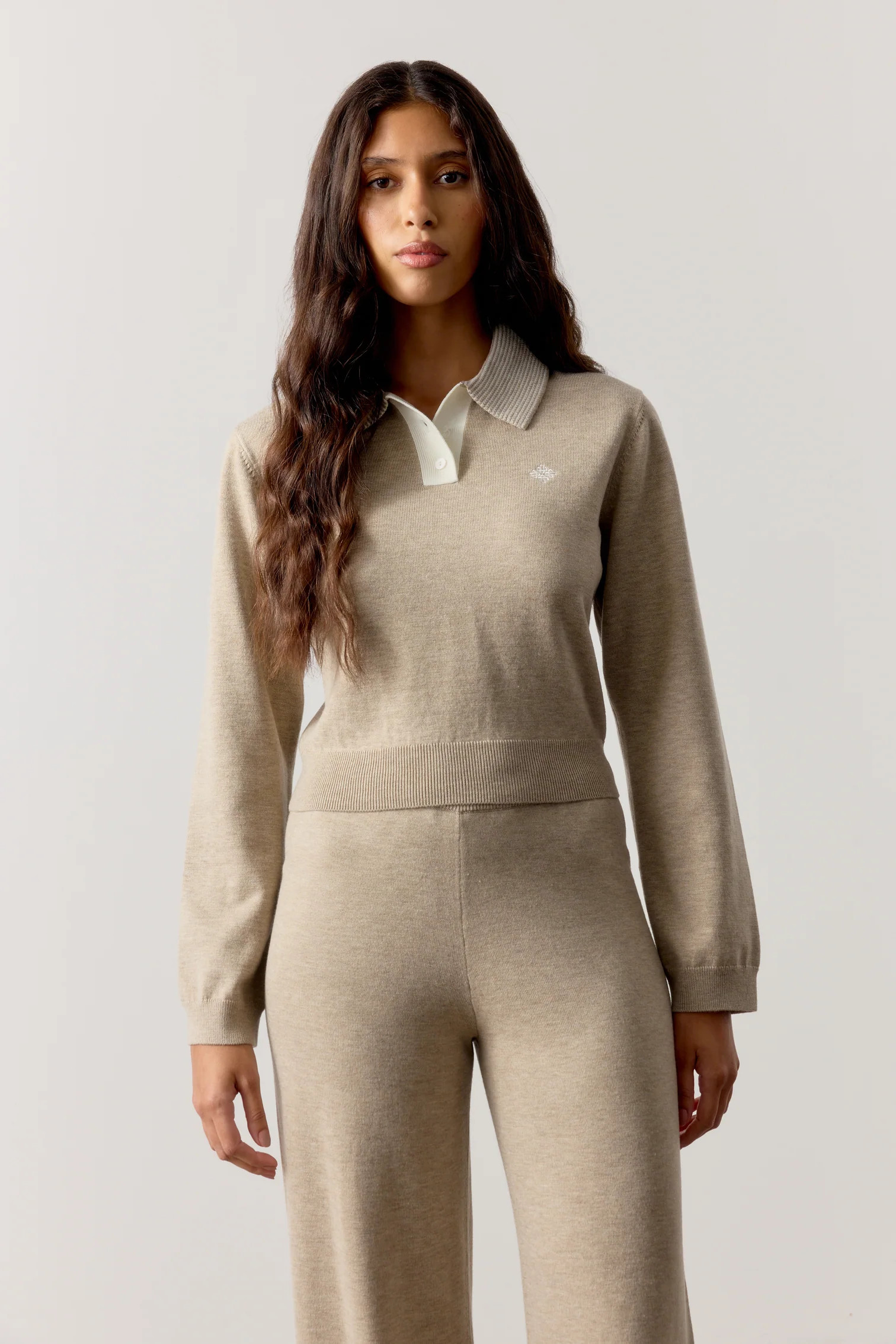 LONG SLEEVE KNITTED COLLAR POLO TOP - BEIGE | The Couture Club