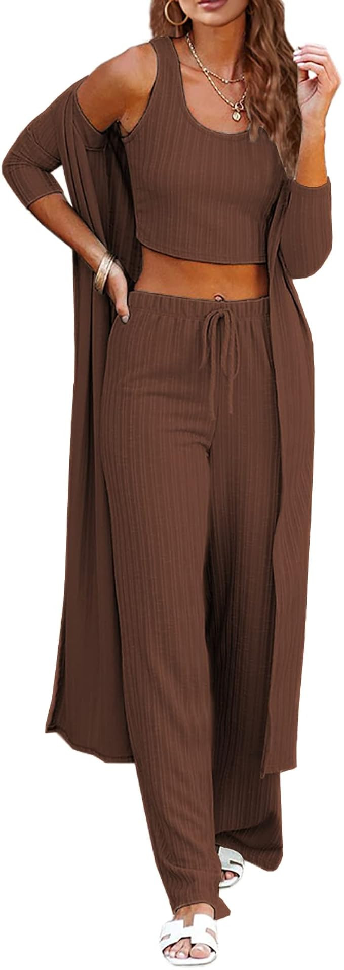 Womens Pajamas Set Fall Winter 3 Piece Loungewear Set Crop Vest Top Loose Pants and Cardigan Knit... | Amazon (US)