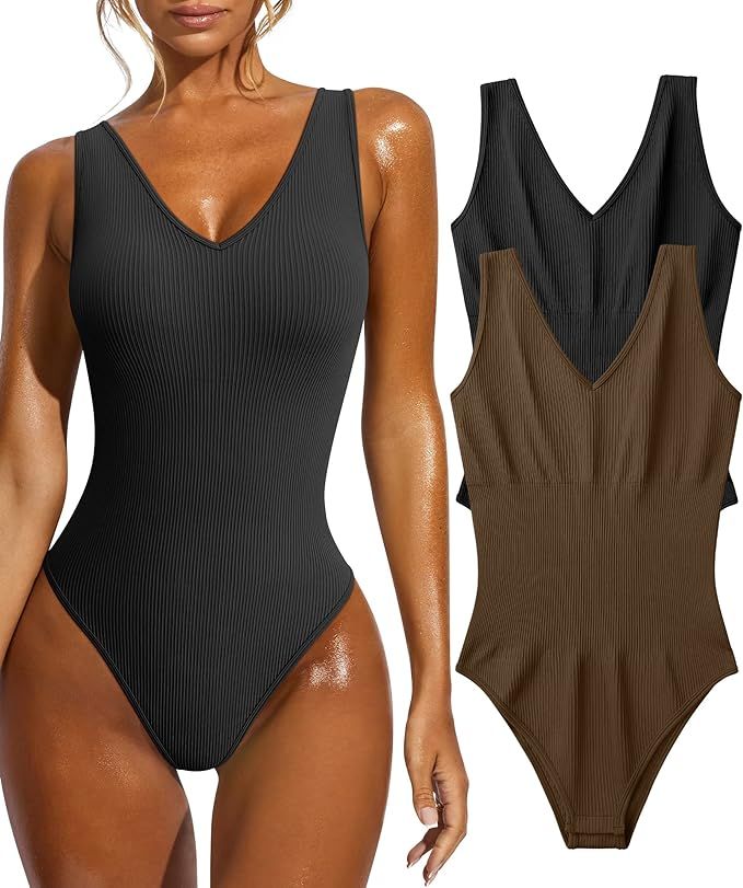 GXIN Women's 2 Piece Bodysuits Sexy ribbed V Neck Sleeveless Tank Tops Shapewear Bodysuits | Amazon (US)