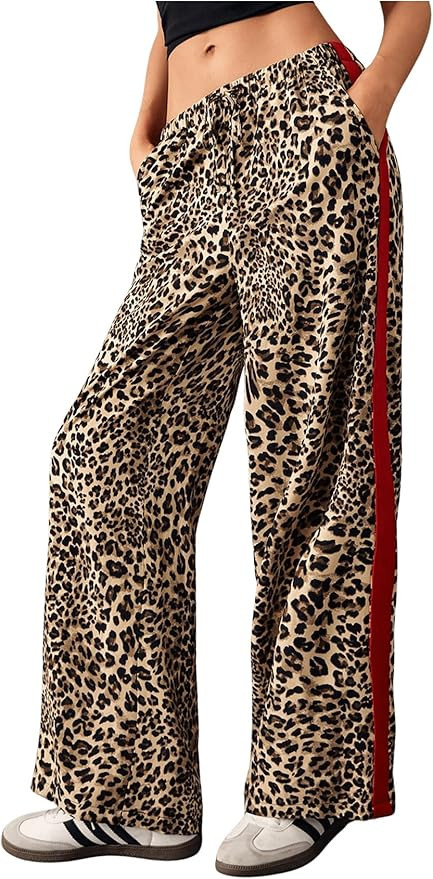 WDIRARA Women's Leopard Print Side Striped Wide Leg Sweatpants High Waisted Drawstring Baggy Pant... | Amazon (US)
