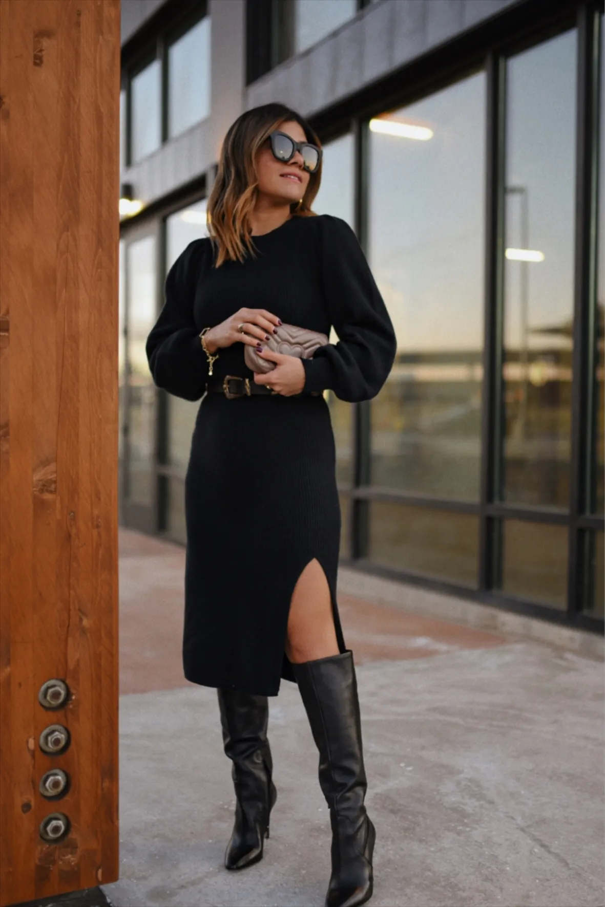 black dress with long black boots A MIDI FOR WINTER | TALL SALLY Bust 26 What Shoes To Wear With