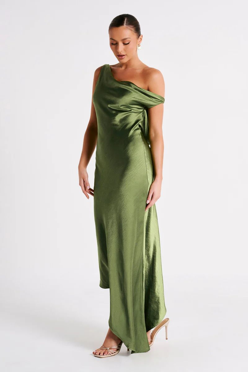 Yvette Slip Maxi Dress With Asymmetrical Hem - Emerald | MESHKI US