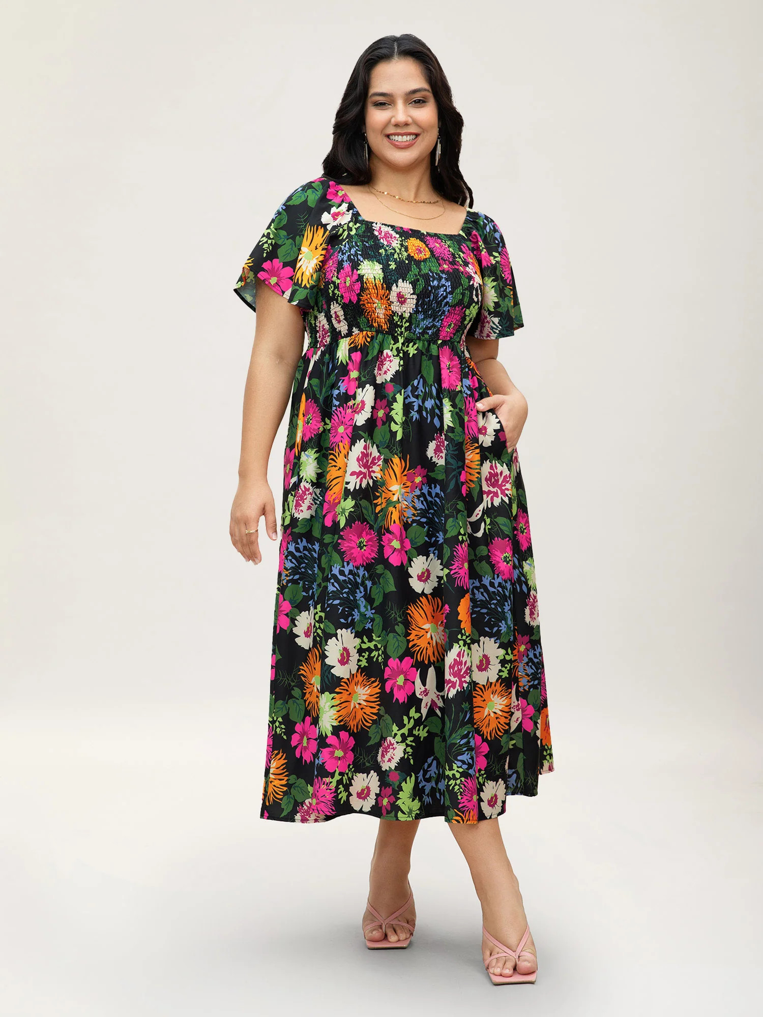 Floral Shirred Square Neck Pocket Midi Dress | Bloomchic