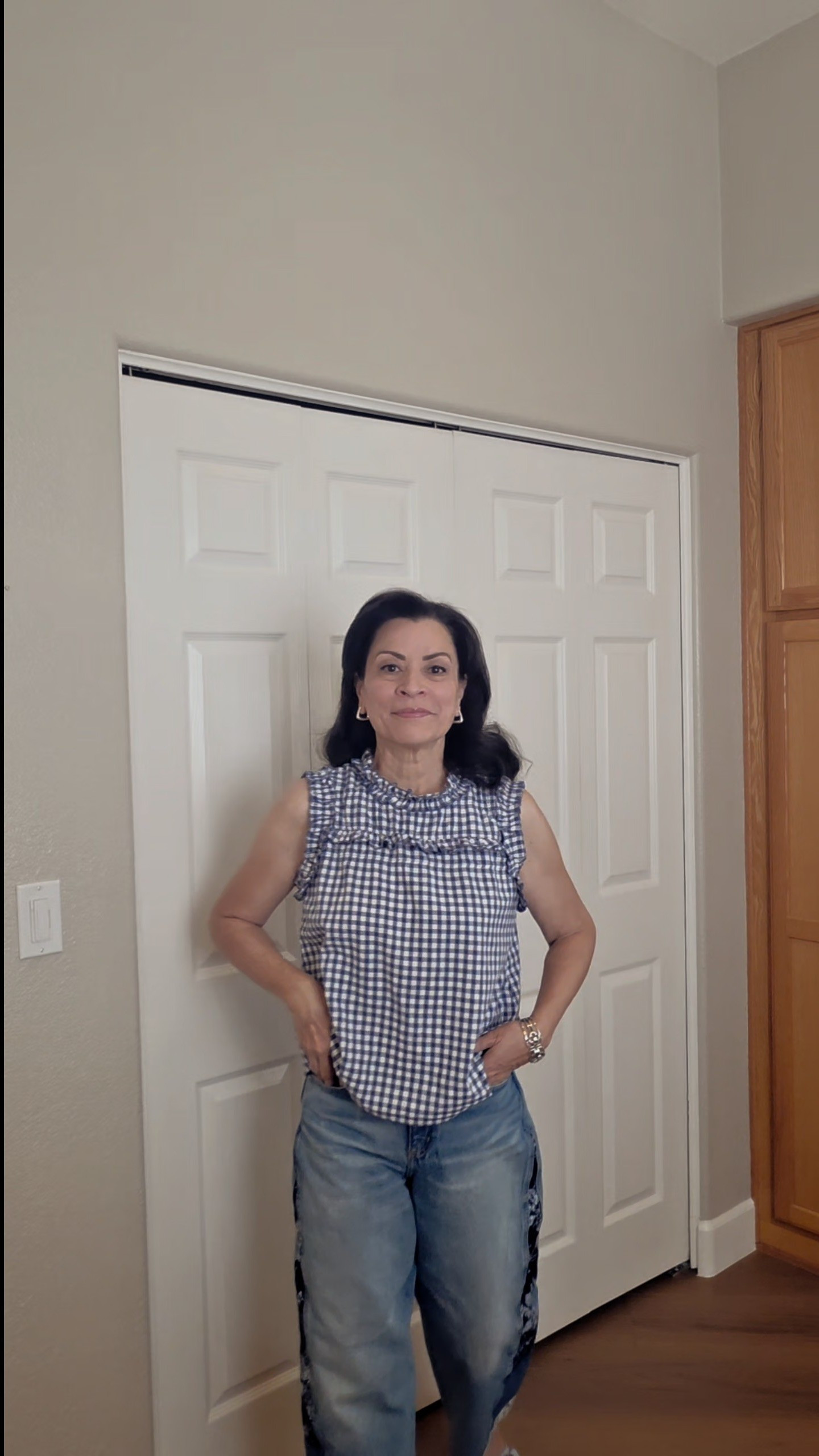 Hey summer! Here's a great summer ready outfit - blue gingham top and barrel jeans with unique touches! Finish it off with cool blue sandals! 💙 My top is medium and comes in other colors, jeans in sz. 4, sandals in sz. 9#maurices#targetstyle #amazonfashion#MidlifeStyle #fabulousnotfrumpy #over50fashion 

#LTKootd #LTKOver40 #LTKSaleAlert