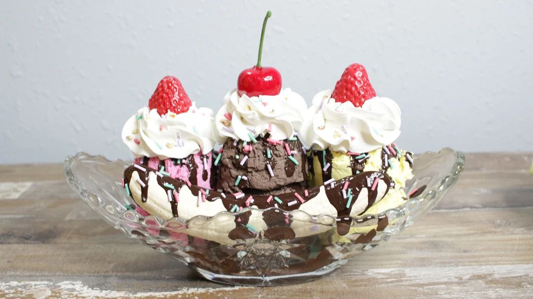 Faux Banana Split Ice Cream Sundae , Fake Ice Cream Display, Strawberry Sprinkle Hot Fudge Candy ... | Etsy (US)
