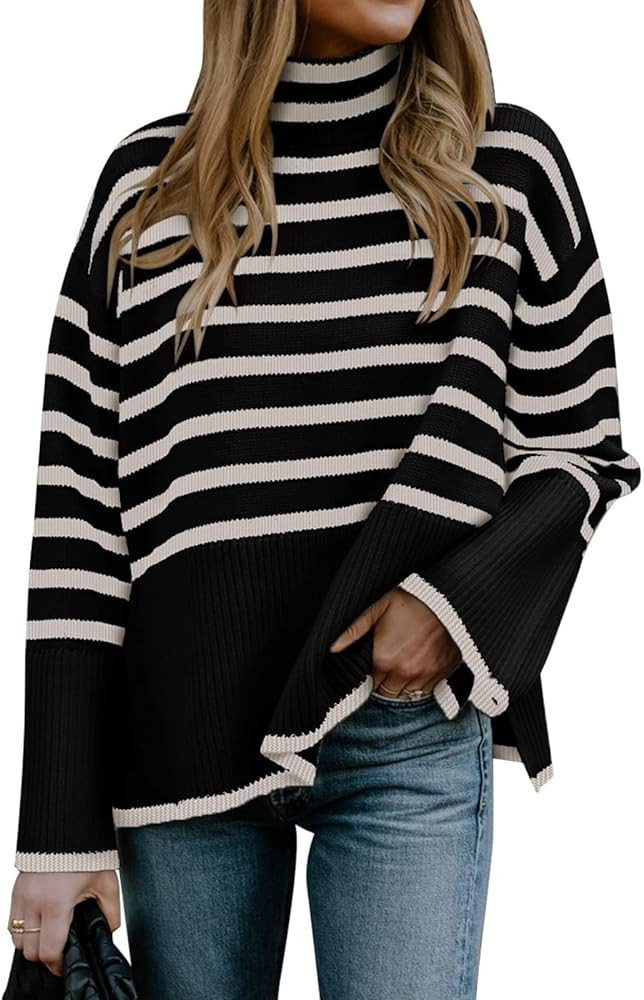 ZOCPEONY Women's Pullover Sweaters Turtleneck Long Sleeve Striped Side Slit Casual Loose fit Ribb... | Amazon (US)