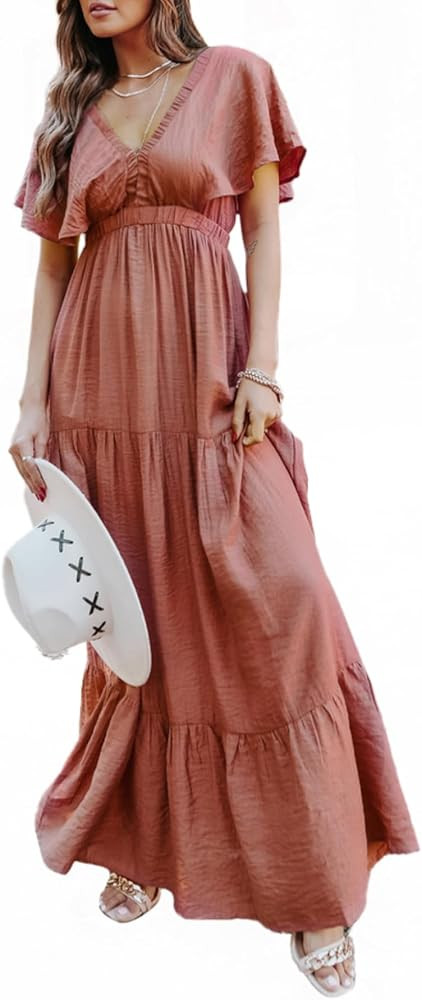 Amegoya Women's Casual Short Sleeve V Neck Floral Maxi Dresses Boho Beach Photoshoot Flowy Ruffle... | Amazon (US)