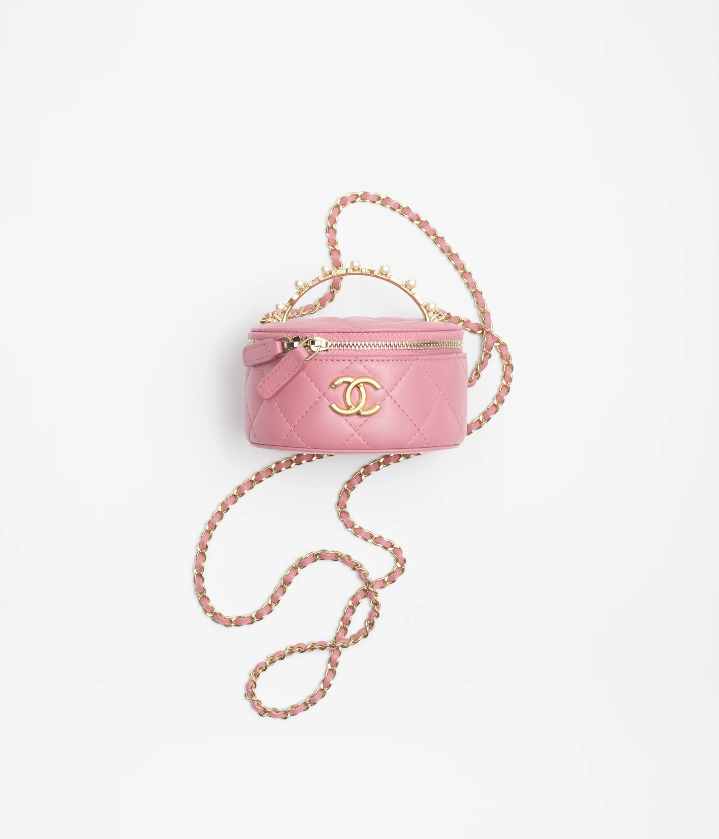 Clutch with chain - Lambskin, imitation pearls, enamel & gold-tone metal, pink — Fashion | CHAN... | Chanel, Inc. (US)