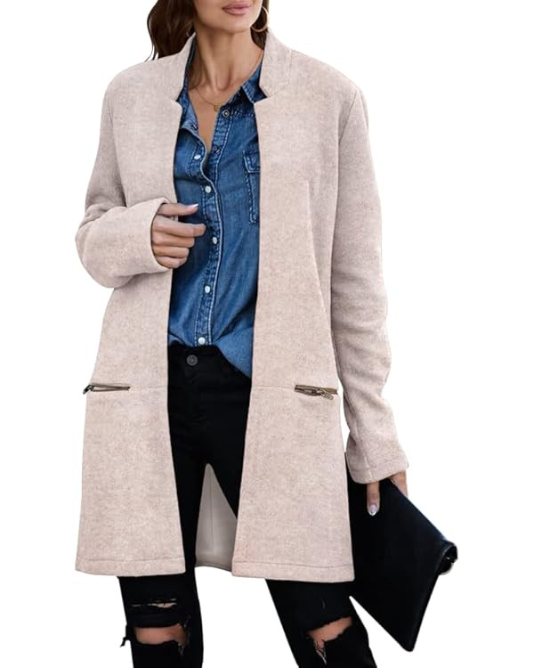 Fazortev Womens Wool Blend Notched Stand Collar Long Coat Jacket Casual Warm Open Front Cardigan ... | Amazon (US)
