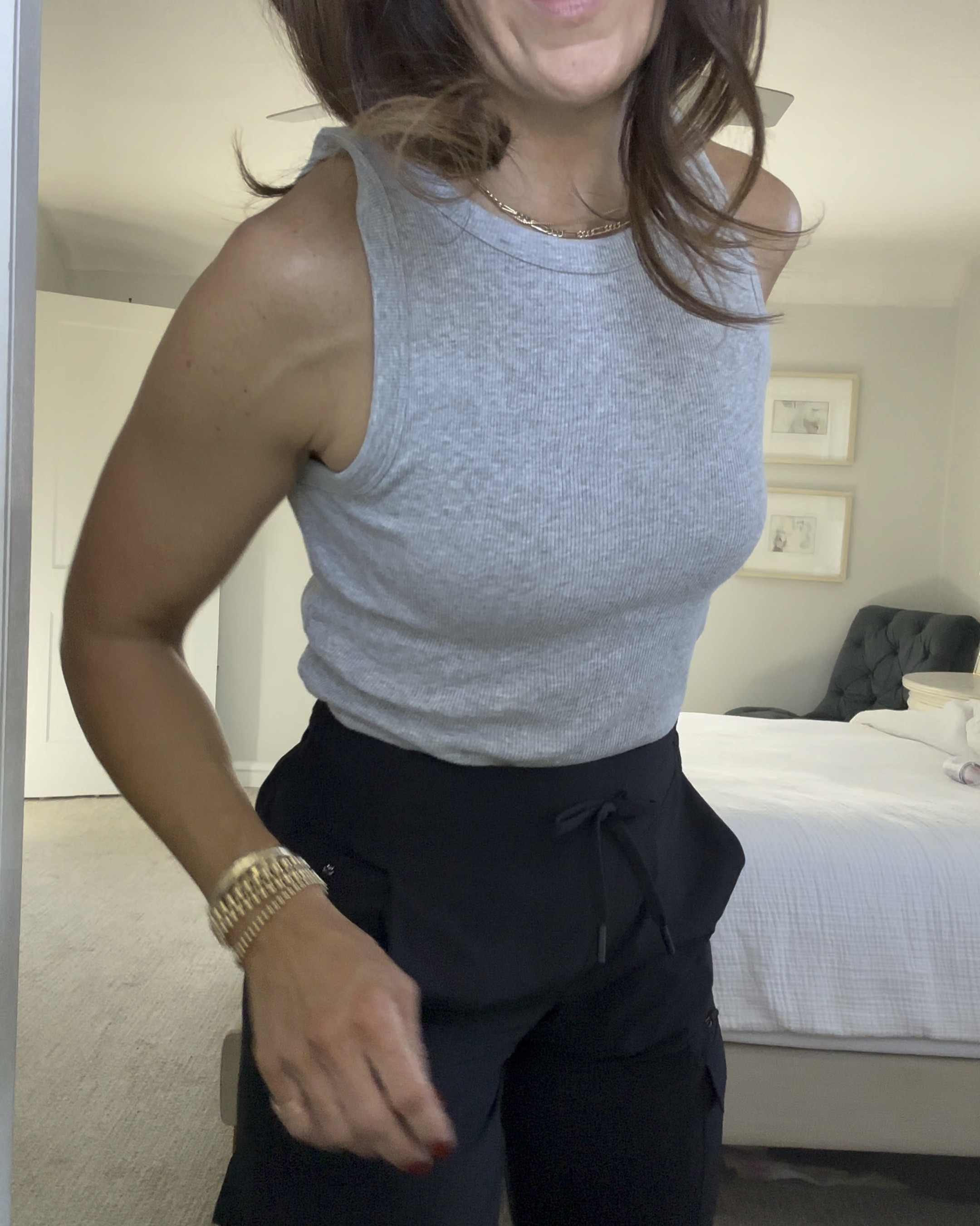 XS in pants 
XS tank 
Small in gap shirt 