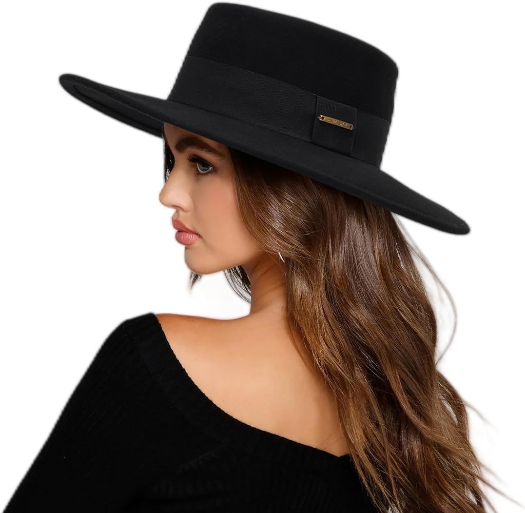 Women Men Classic Felt Fedora Hat Wide Brim Flat Top Boater Hat | Amazon (US)
