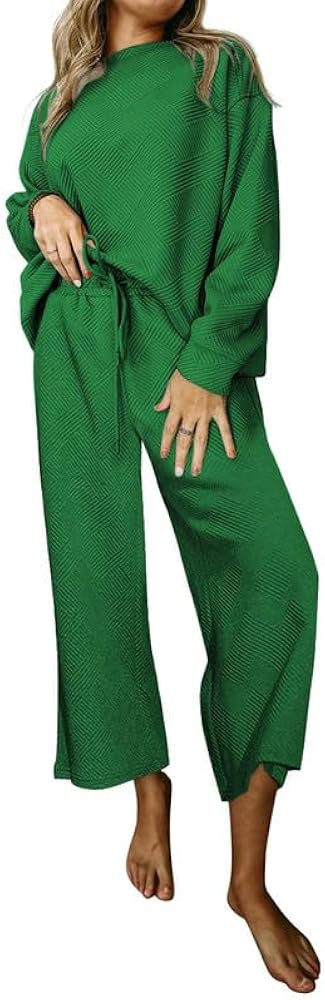 SHEWIN Women's 2 Piece Outfits Sweatsuit Casual Long Sleeve Pullover Tops and Drawstring Wide Leg... | Amazon (US)