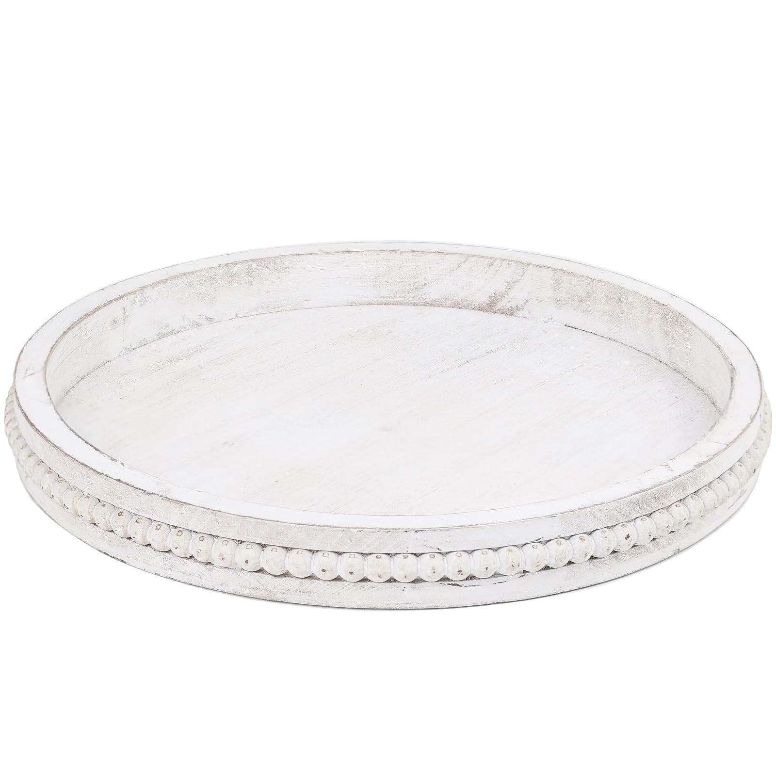 Round Wood Serving Tray with Beads, White Washed Wooden Decorative Tray for Entertaining, Decorat... | Amazon (US)
