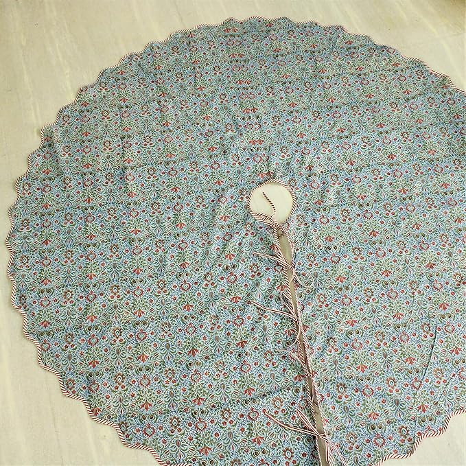 Ridhi Christmas Tree Skirt Floral Block Print Nature Color Christmas Tree Skirt in Cotton, Decora... | Amazon (US)