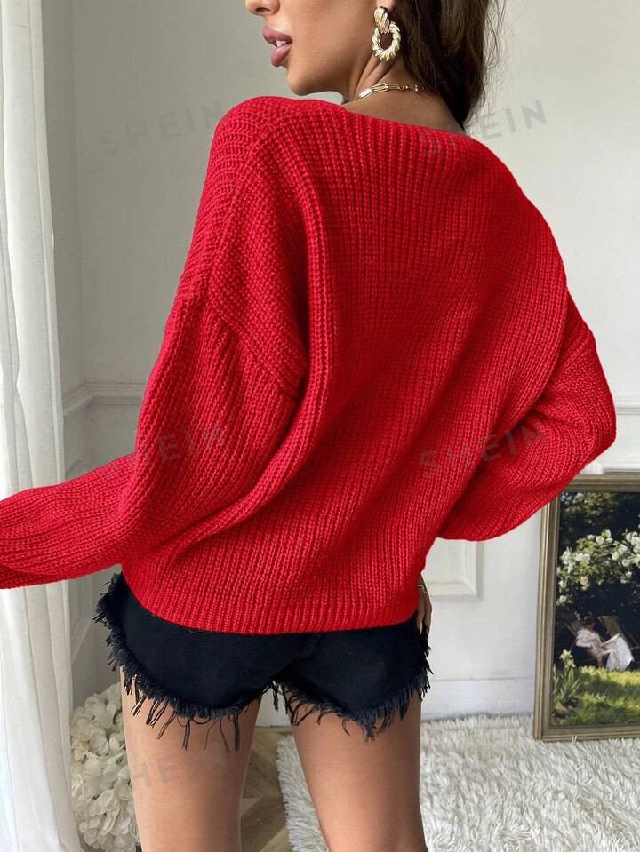 SHEIN Essnce Women's Solid Color V-Neck Ribbed Knit Sweater | SHEIN