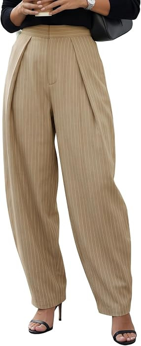 EXLURA Women Faux Linen Striped Barrel Pants Casual Business Work Palazzo Trousers Wide Leg Pleat... | Amazon (US)