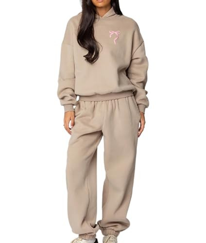 Aonoapll Bow Hoodie Sweatsuit Set for Women Oversized Hooded Sweatshirt Sweatpants Bow Print Matching 2 Piece Sweat Sets(Oversized Khaki,X-Large) | Amazon (US)