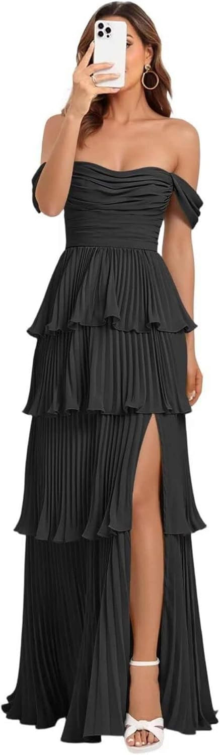 Tiered Bridesmaid Dresses for Women 2026 Off Shoulder Ruffle Chiffon Formal Wedding Guest Dress with Slit | Amazon (US)