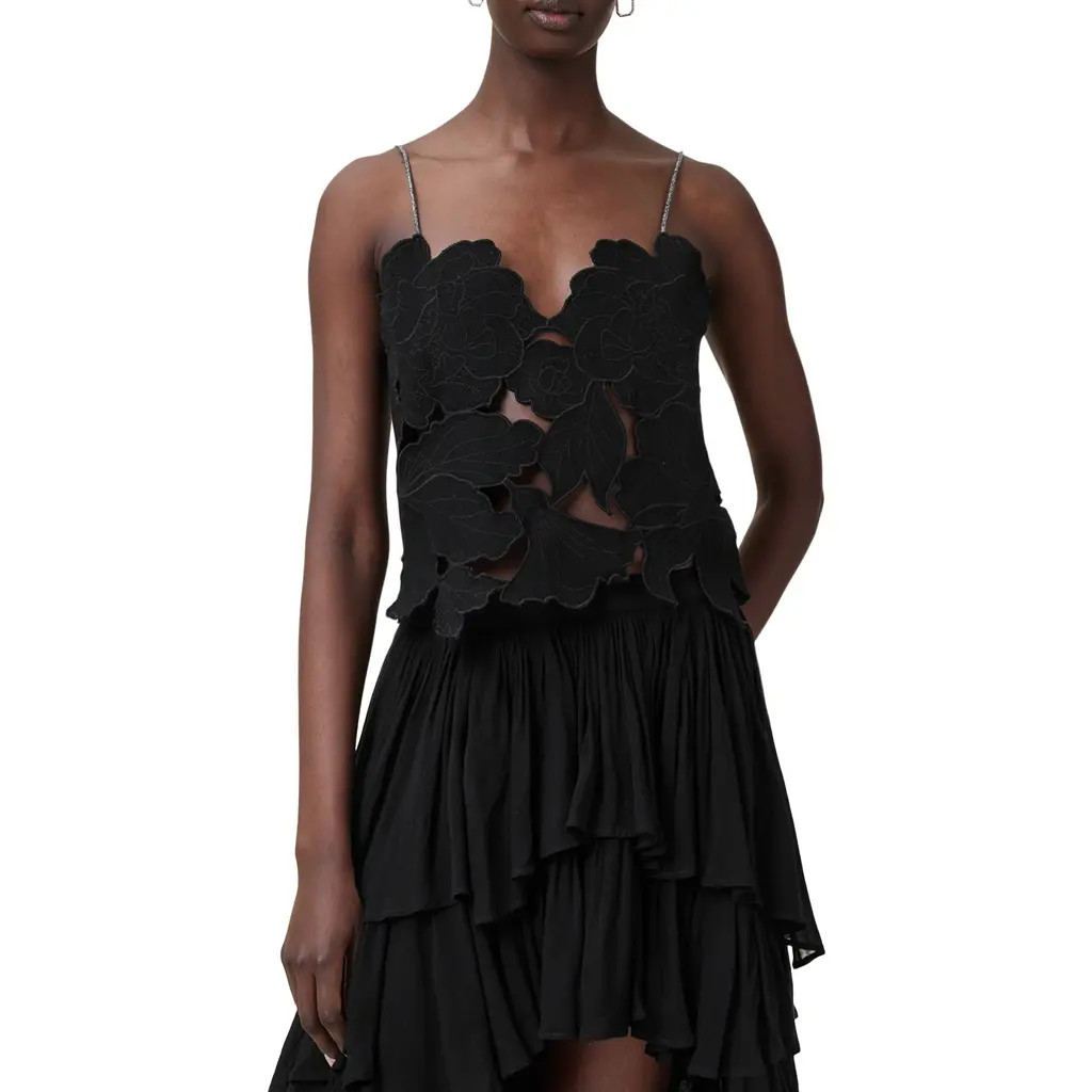 AllSaints Flora Appliqué Cotton Camisole in Black at Nordstrom Rack, Size X-Small | Nordstrom Rack
