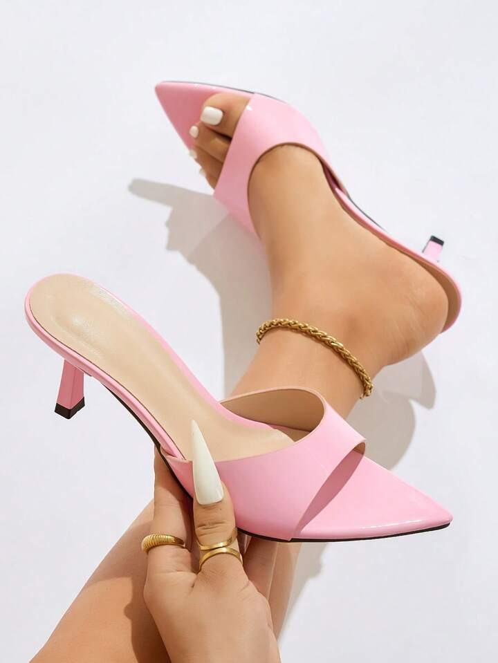Damen High Heel Sandalen, Geeignet Für Partys, Outdoor-Reisen, Mode-Promi High-End-Bankette, Spitze-Zehen Party-Vacation Glamouröse Sexy PU-Leder Mule Slip-On Glänzende Einfarbige Bequeme Material Sexy Knöchelriemen Elegante Luxuriöse Rosa Schuhe Elegante Sandalen Lässig High Heels | SHEIN