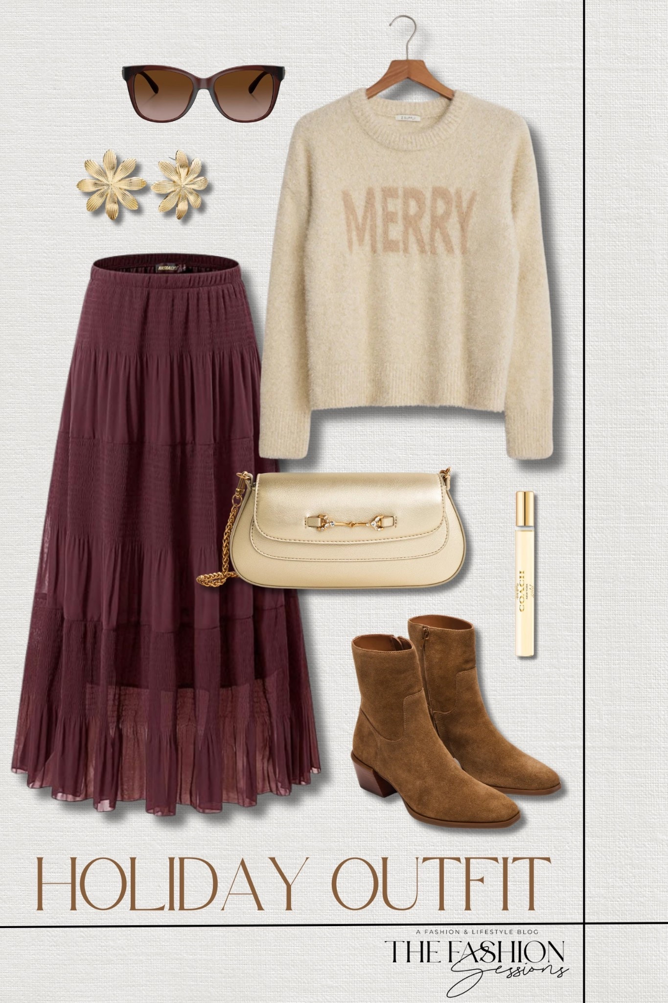 Celebrate the season in cozy-chic style! merry gold sweater | chiffon maxi skirt | suede ankle boots | holiday lora small shoulder bag | Coach oversized sunglasses | Coach gold parfum | elevated casual | winter outfit | holiday outfit 

#LTKSeasonal #LTKHoliday #LTKStyleTip