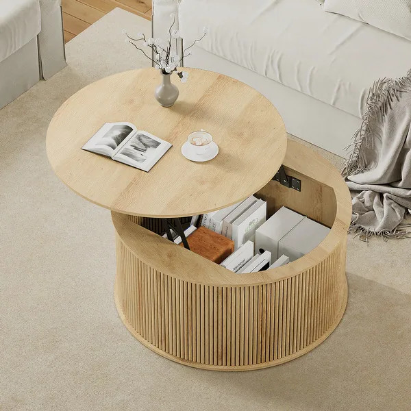 31.58 inch Round height-adjustable coffee table with storage space - Natural | Bed Bath & Beyond