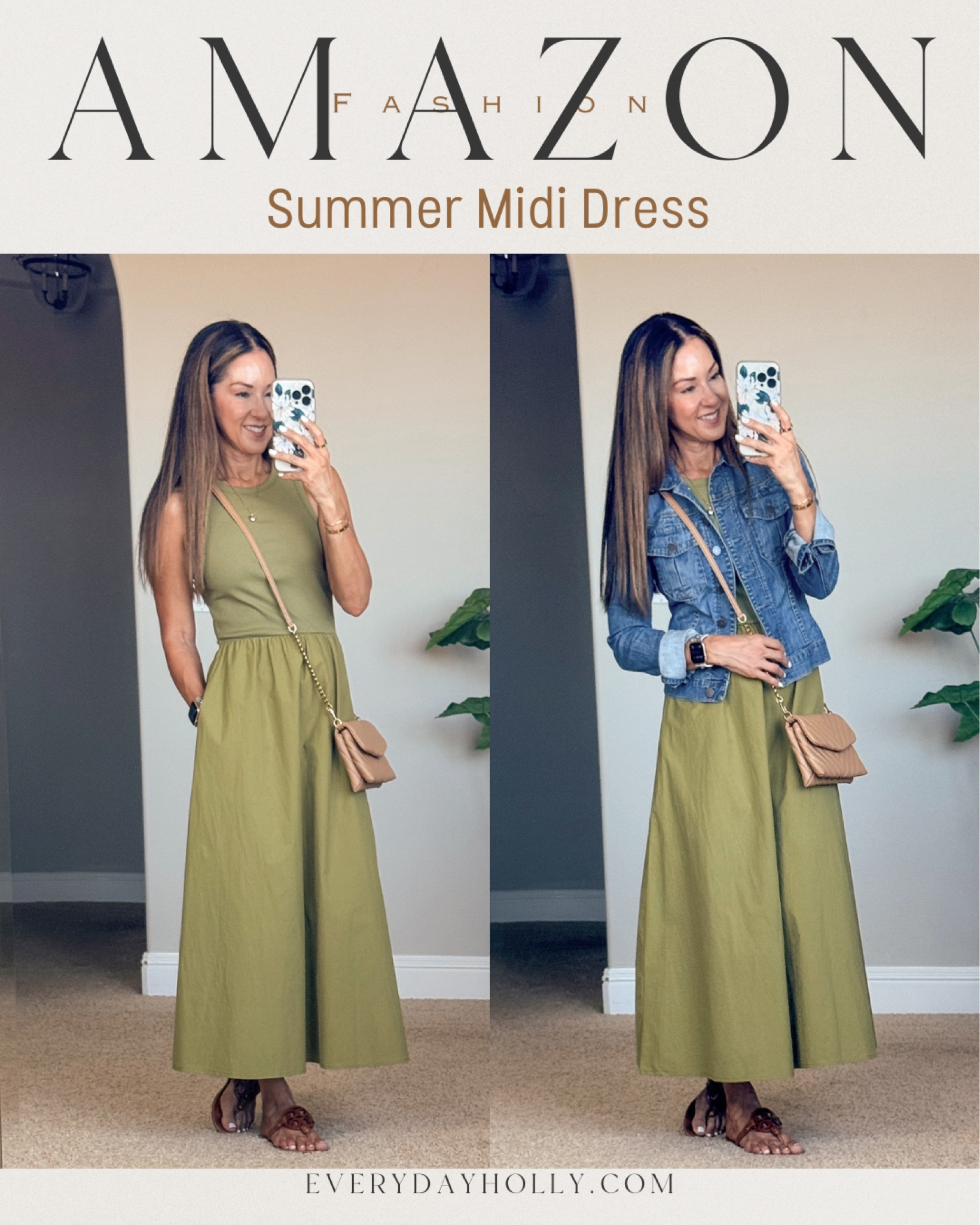 💥Sale 
💥5% off Amazon Summer Casual Sleeveless Midi dress with pockets small in green.  
💥34% off Denim jacket size XS (similar to mine)
$200 off my watchband! DM for the link and code in Instagram  
Gold heart necklace and earrings.  summer outfit, teacher style, weekend style, mom style, over 50 petite fashion blogger, fall transition outfit, Everyday Holly