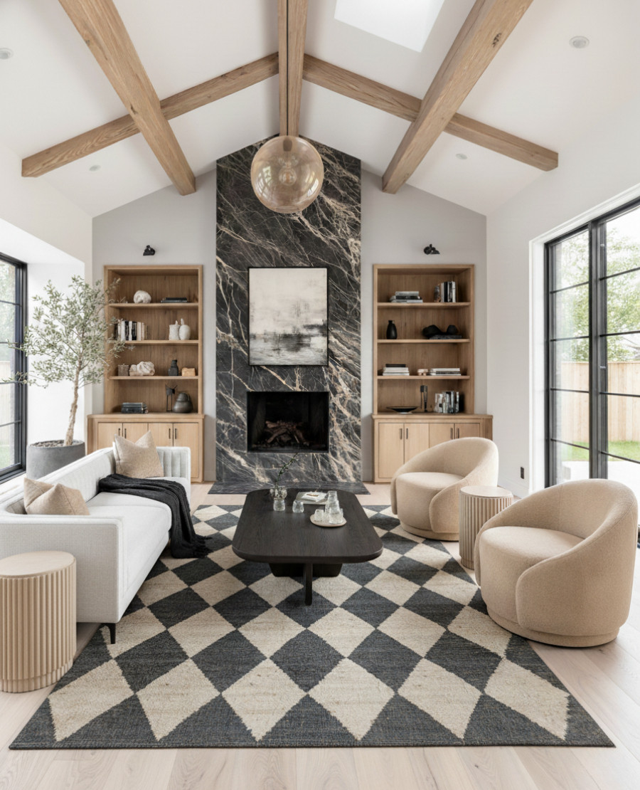 A space that feels effortlessly grounded yet undeniably refined.
This modern living room pairs sculptural furniture with organic textures. Soft curves meet clean lines under warm oak beams. The bold black marble fireplace becomes the anchor, while neutral seating and a geometric rug add layers of comfort and contrast.

It’s that perfect balance of warmth and modernity, designed for slow mornings, quiet afternoons, and the kind of evenings that deserve a soft glow and a good playlist.

✨ Shop the look and bring this modern organic style home:
• Beige boucle swivel chairs
• Cream white linen sofa
• Diamond patterned wool rug
• Oval black coffee table
• Oak wood shelves and cabinets
• Marble fireplace surround (similar look)
• Neutral throw pillows + ribbed side tables 

Black Friday 

 #LTKStyleTip

#LTKCyberWeek #LTKSaleAlert #LTKHome