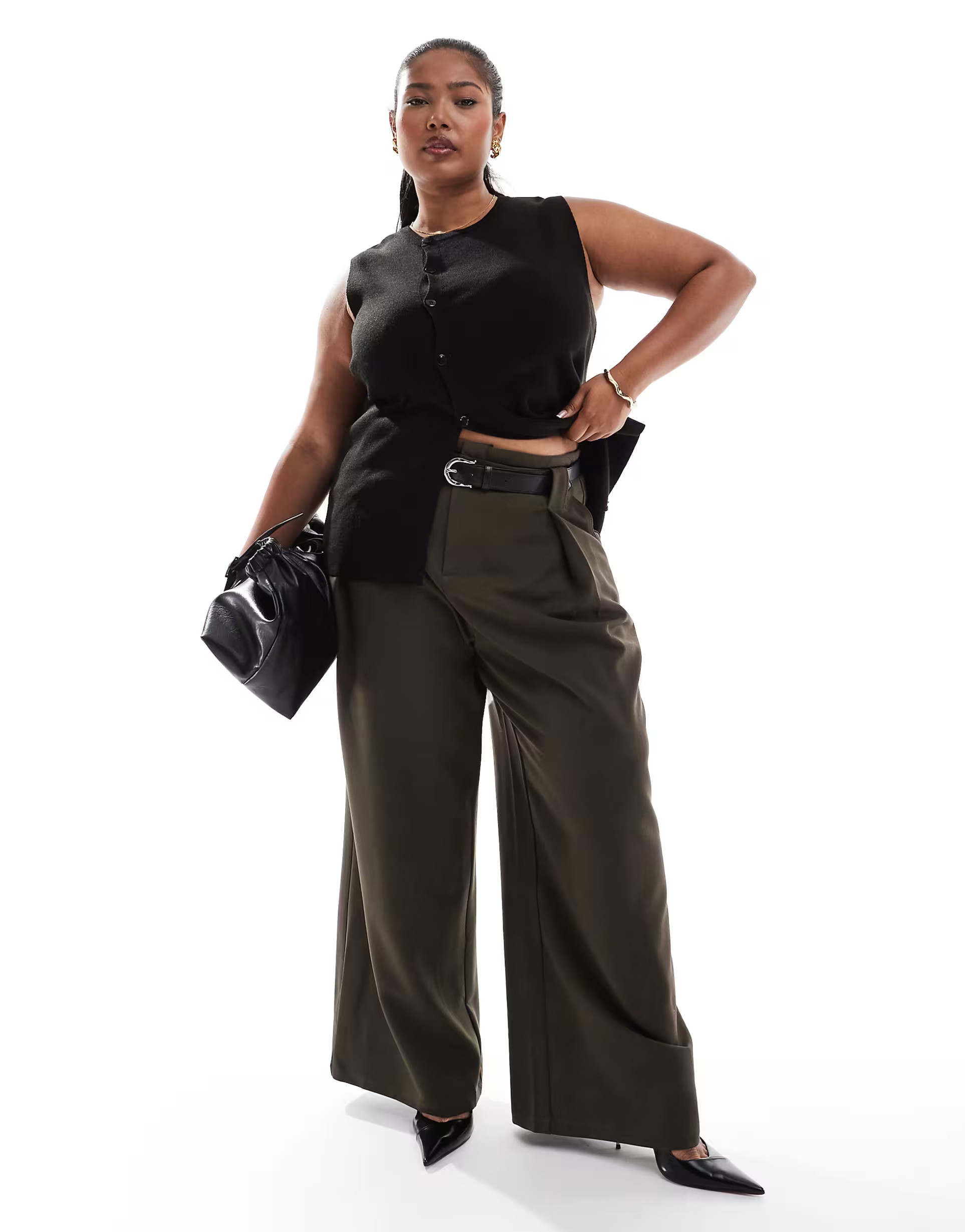 ASOS DESIGN Curve tailored super wide leg belted pants in olive | ASOS (Global)