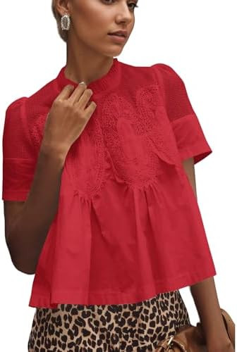 Women Lace Trim Blouse Mesh See Through Puff Short Sleeve Ruffle Pleated Shirts Mock Neck Summer ... | Amazon (US)